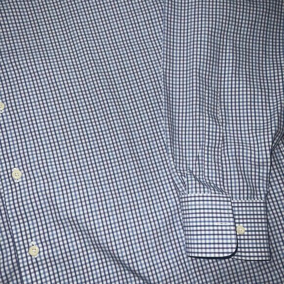 David Donahue Mens 18.5 34/35 Trim Fit Blue & Dune Twill Check Dress Shirt - Picture 2 of 6
